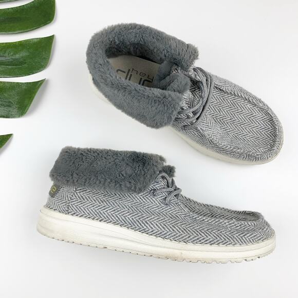 Hey Dude Shoes - Hey Dude Britt Booties Shoes Grey Herringbone Wool Blend Faux Fur Women's 6